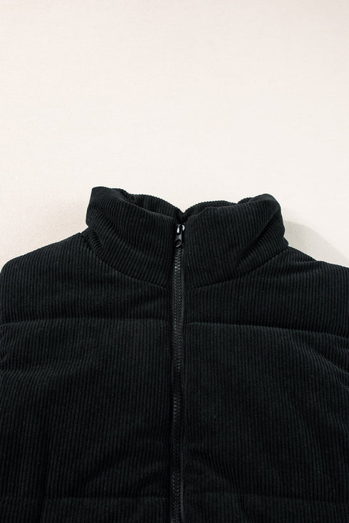 Corduroy Stand-Collar Zip-Front Quilted Puffer Vest